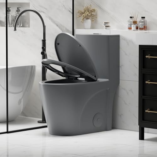 Inodoro moderno monobloque para baño de espacio pequeño, alargado, sifónico, descarga dual 1.1/1.6 GPF MAP 1000g, diseño silencioso, asiento suave con cierre lento, altura ADA 17", gris claro miniatura 1