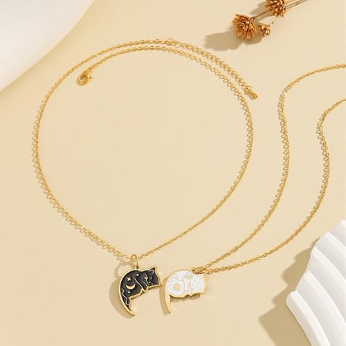 Image of Stainless Steel Best Friends Matching Necklace for 2, Black White Cat Pendant 2PCS Couple BFF Jewelry for Women
