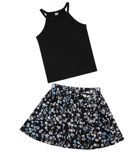 Image of GERU Girls Summer 2 Piece Outfits Sleeveless Halter Neck Tank Top and Belted Pleated Skirt Set 3-12Y