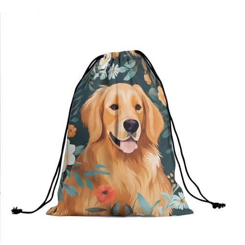 Image of Nerxy Golden Retriever Dog Grip Bag - Floral Puppy Drawstring Gymnastics Small Grip Bag Lightweight Storage Bag for Personal Equipment