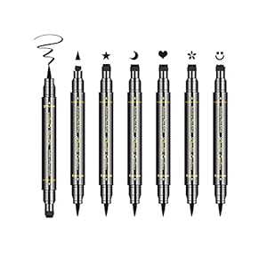 LOKFAR 6 Pcs Double-Side Liquid Eyeliner Stamp Pen Set, Eye Liners for Women Waterproof Eyeliner Pencil Black Eye-liner Stencils Long-Lasting Tattoo Makeup-Triangle,Star,Moon,Heart,Flower,Smiley