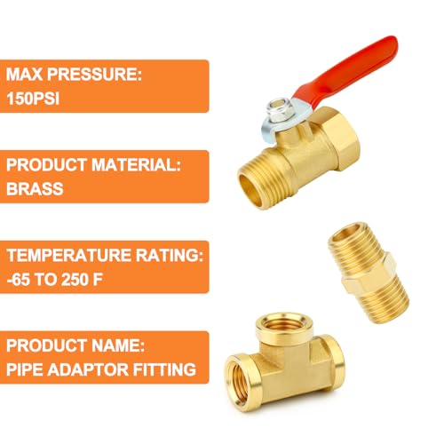 Image of GASHER 6PCS 3 /8 Inch NPT Brass Pipe Fitting, Ball Valve, Barstock Tee Brass Pipe Fitting and Air Hose Fitings