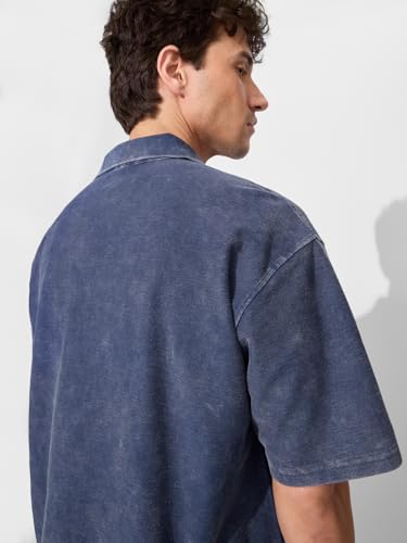 Image of The Souled Store Estate Blue Men and Boys Short Sleeves Collared Neck Solid Cotton Oversized Polos