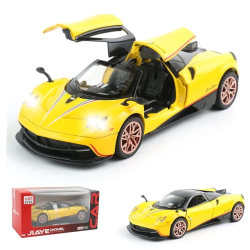 Image of 1 /32 Pagani Huarya Roadster Exclusive Alloy Metal Pull Back Die-Cast Toy Car with Openable Doors & Light Music Collectible Sound Light Toy for Kids Best Birthday Gift (Yellow)