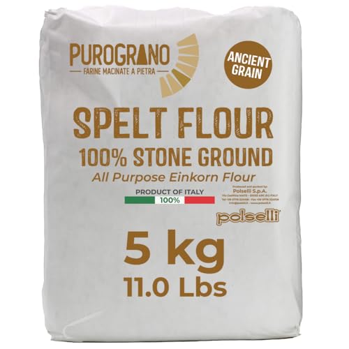 Polselli, Purograno,100% Stone Ground Spelt (Farro) Flour, 5kg, 11 lb – Ancient Whole Grain, High Protein, All-Purpose for Bread, Pizza, Pasta & Pastries – Imported from Italy. Unbleached, unbromated and no additives