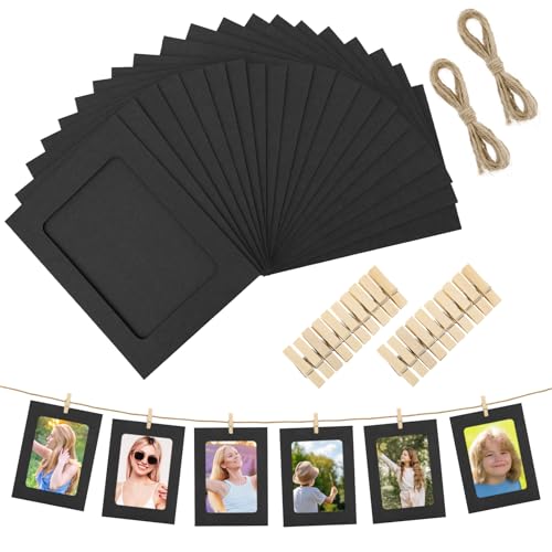 20PCS 4x6 Inch Black Paper Picture Frames Paper Photo Frames with Clips and Strings DIY Clip Photo Holders Photoes Hanging Photoes Display Banner for Home Office Wedding and Party Wall Picture Decor