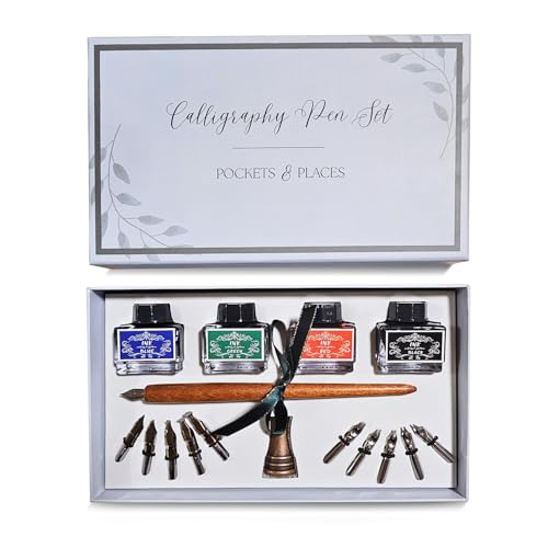 Pockets & Places Calligraphy Pen Set & Gift Set for Art, Antique Brass Holder Includes Wooden Dip Pen for Writing 10 Nibs, 4 Colors Ink Set Bottles and Beginner's Manual for Calligraphy Enthusiasts