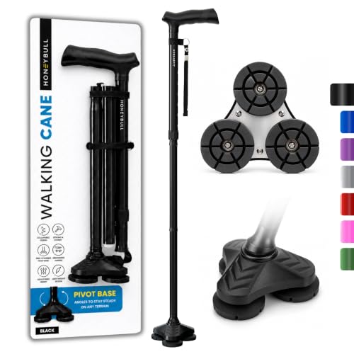 HONEYBULL Walking Cane for Men & Women Foldable, Adjustable, Heavy Duty, Free Standing, All Terrain, Collapsible Walking Sticks for Seniors & Adults (Black)