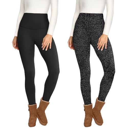 2 Pack Fleece Lined Leggings for Women - Thermal Winter Warm Tights Tummy Control High Waisted Workout Yoga Pants No Pockets Large-X-Large Fleece Lined Black/Black Polka Dots,2packs