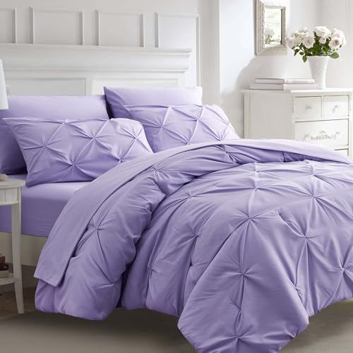 Ubauba 7pc King Size Comforter Set with Sheets, All Season Pintuck 7 Piece Bedding Sets Light Purple, Pinch Pleating Bed in a Bag Set with Comforters (Lavender,King)