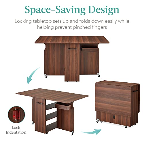 Best Choice Products Folding Dining Table, Multipurpose Collapsible Drop Leaf Extension, Versatile Space Saving Desk Furniture W/Wheels, 3 Storage Shelves, Metal Handle - Brown #TOP6