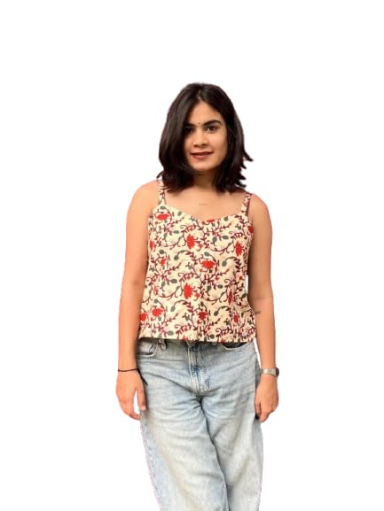 Silkworm Cotton Floral Print Sleeveless V Neck, White Crop Tank Top for Woman Casual Wear-picture-21