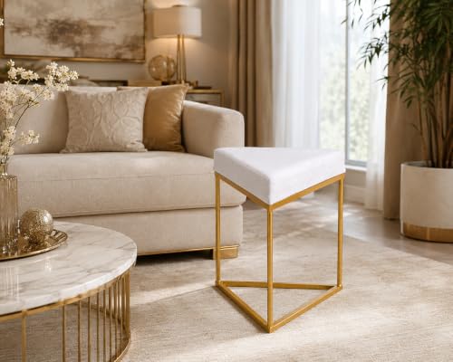 Image of Modern Velvet Triangular Vanity Stool with Gold Metal Frame | Upholstered Makeup Chair for Dressing Table | Accent Seating for Bedroom, Living Room & Home Decor- Cream