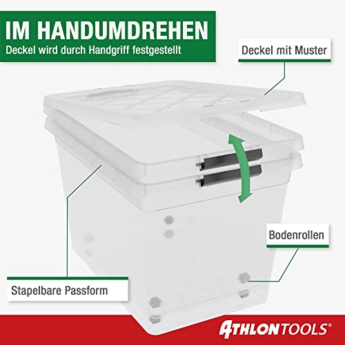 ATHLON TOOLS 4x 60 L Aufbewahrungsboxen mit Deckel, lebensmittelecht - Verschlussclips - 100% Neumaterial Plastik-Box transparent - Kleiderboxen stapelbar…