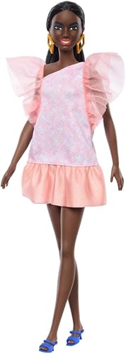 Barbie Fashionistas - Muñeca #216 con cuerpo alto y cabello negro en cola de caballo baja, vestido de fiesta rosa y melocotón, juguete coleccionable