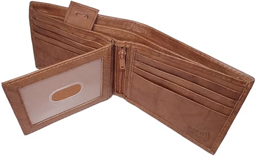 Paul & Taylor Mens RFID Protected Genuine Leather BiFold Wallet Center ID Flap 12 Credit Card Slots 3 Hidden Pockets 2 Zipper Compartments Divided Currency Compartment Key Holder #208 (British Brown)