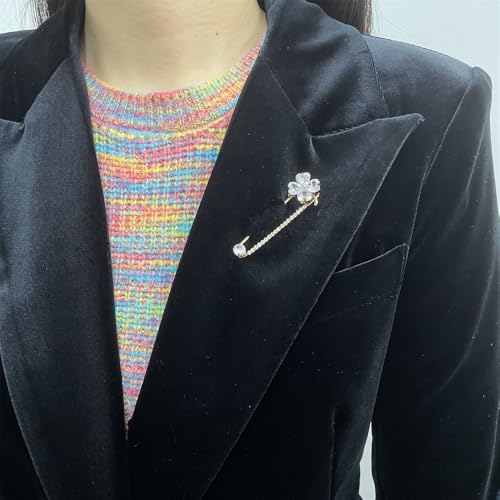 Image of Dainty Clover CZ Brooch Safety Pins Clip Scarf Sweater Shawl Waist Pants Luxury Sparkly Rhinestones Brooches for Collar Dress Skirt Suit Fashion Jewelry for Shamrock Party Birthday 2.2in