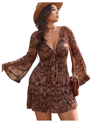 Verdusa Women's Plus Size Paisley Print Tie Short Dress Boho Bell Sleeve V Neck Ruffle Dresses Coffee Brown X-Large Plus