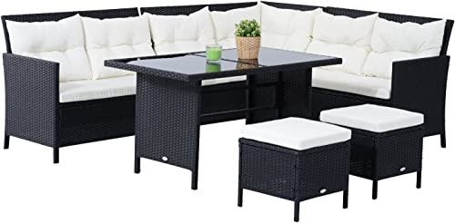 Image of DEVOKO 5 Piece Conversational Wicker Sofa Dining Table Set, Outdoor Patio Furniture Set for Garden, Lawn, Balcony (Black and White)