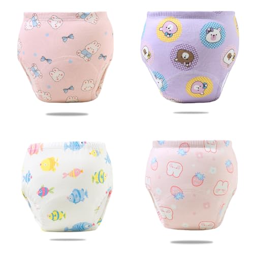 4PCS Baby Potty Training Underwear Breathable Potty Training Pants Toddler Training Underwear for 0-3 Years Baby Strong Absorbent Cotton Training Pants (Girl Large)