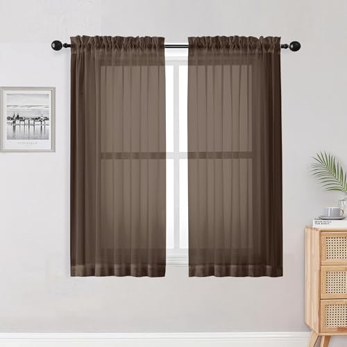 Image of OWENIE Sheer Curtains 54 inches Long for Living Room Bedroom, Rod Pocket Light Filtering Voile Sheers Panels Drapes Small Window Treatments 2 Panels, 42 inch W x 54 inch L, Chocolate