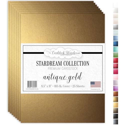 Cardstock Warehouse Stardream Antique Gold Cardstock Paper - 25 Sheets, 8.5 x 11' – 105 lb / 284 GSM Premium Metallic Dark Gold Card Stock for High-end Printing Card Making Die-cutting & DIY Projects