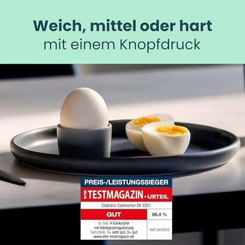Bild 1 - Clatronic® Elektrischer Eierkocher für bis zu 7 Eier | Eierkocher Edelstahl mit Härtegradeinstellung | beleuchteter Ein-/Aus-Schalter | 400 Watt | Edelstahl | EK 3321