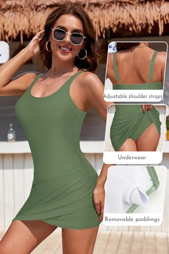 SHEKINI Women's U Neck Ruched Swim Dresses Tummy Control Bulit-in Bottom Adjustable Strap Bathing Suits4