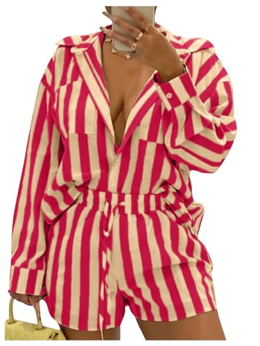 Floerns Women's 2 Piece Outfit Striped Long Sleeve Blouse Top with Shorts Set Pink and Khaki X-Small