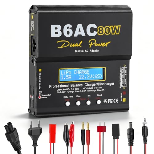 LiPo Ladegerät 80W 6A Dual Power Akku Ladegerät mit Balancer für LiPo Li-Ion Life (1-6S) NiMH NiCd (1-15S) PB, B6AC RC Batterie Ladestation mit LCD Display & Multi-Kabel für RC Auto Drohne, Schwarz