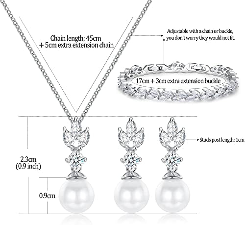 CERSLIMO Jewellery Set for Women - Pearl Pendant Necklace, S925 Sterling Silver Dangle Earrings & Adjustable Cubic Zirconia Bracelet Set | White Gold Plated Jewelry Womans Gift Sets for Wedding Party