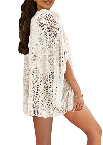 Image of Ermonn Crochet Cardigan Sweaters for Women Open Front Kimono Batwing Sleeve Plain Casual Lightweight Outerwear