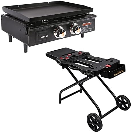 QuliMetal Portable Grill Cart & Griddle Stand and Portable Table Top Griddle, 22 Inch Propane Gas Flat Top Grill, 24,000 BTUs 348 sq. in. Camping Grill with Carry Bag