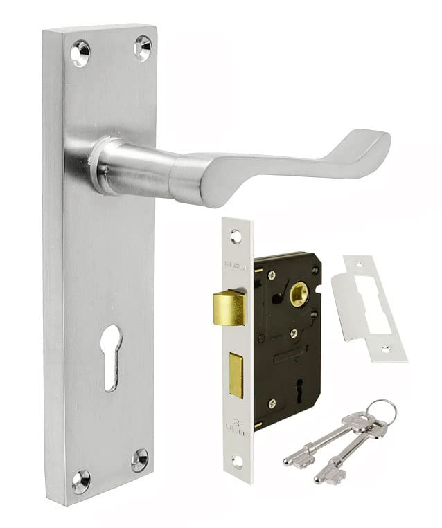 HANDLESTOREVictorian Scroll Locking Lever Backplate Door Handle - Pair of Handles with Sash Lock - Four Colours (Satin Chrome)