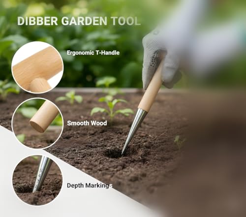 Herramienta de jardinería dibber con mango en T de madera miniatura 4