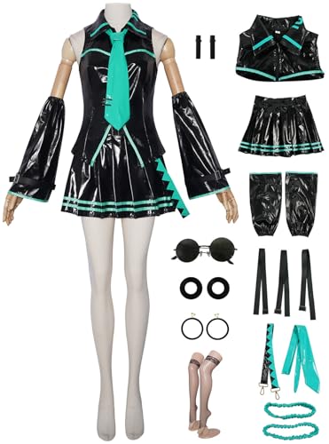 Uniforme Miku cosplay complet en PU noir pour carnaval et soirées à thème