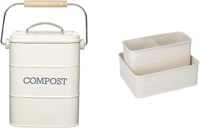 KitchenCraft Living Nostalgia Metal Kitchen Compost Bin, Antique Cream, 16.5 x 12 x 24 cm & Living Nostalgia LNSINKCRE Metal Sink Tidy, 17 x 14 x 11 cm - Antique Cream