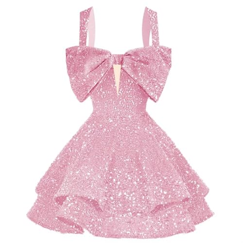 RSOETOO Sparkly Sequin Homecoming Dresses Bow Spaghetti Straps Glitter Mini Prom Dress Short for Teens RO167