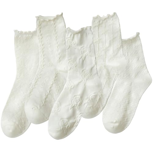 Image of Starella Womens Cute Floral Ruffle Frilly Socks Cotton Goth Preppy Dress Sock for Mary Janes 5 Pairs