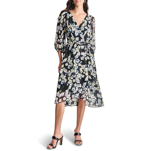 Image of DKNY Women's Chiffon Balloon Sleeve Faux Wrap Midi Dress with High-Low Hem