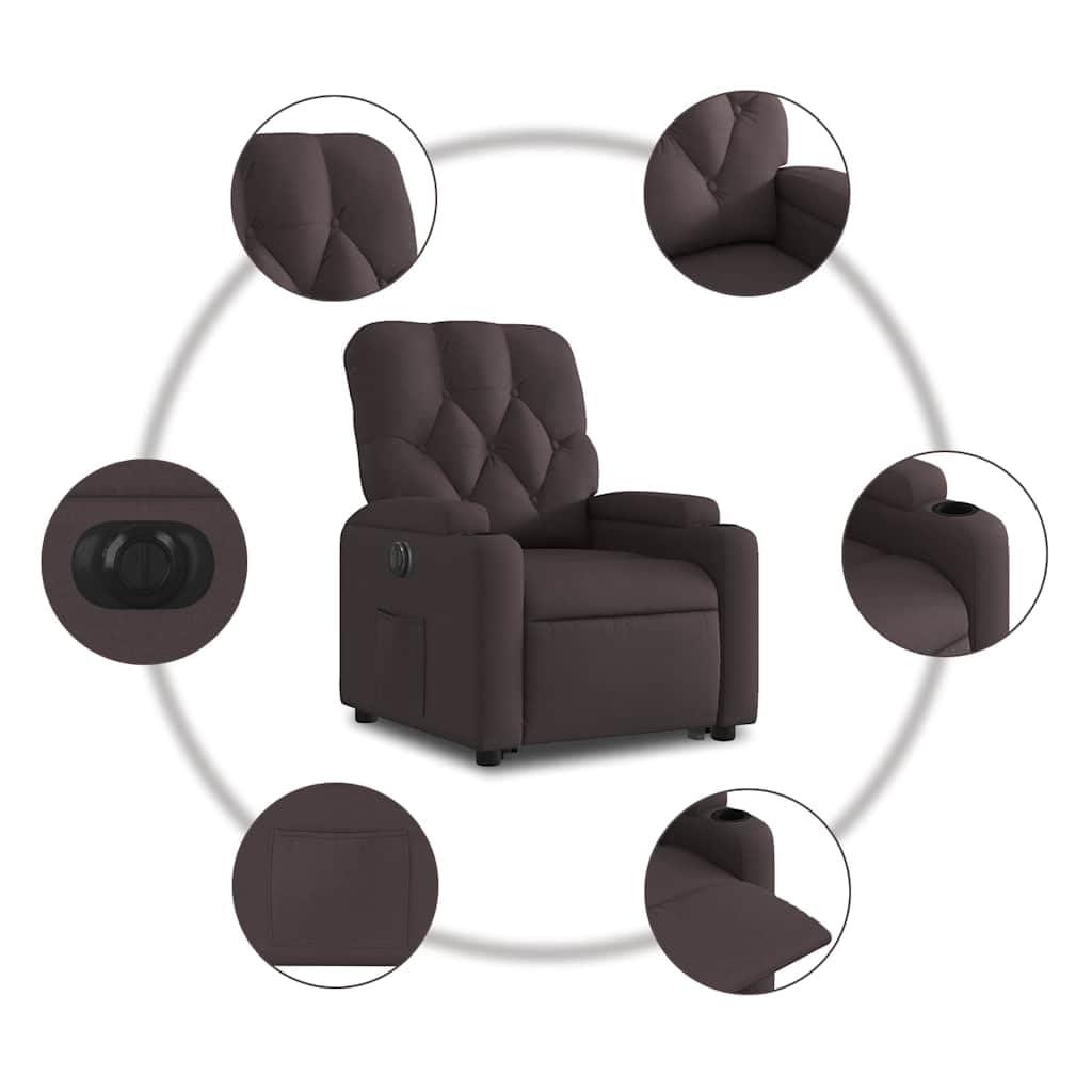 Sillón elevador eléctrico reclinable de tela marrón oscuro con motor para elevación y función reclinable automática a 135 grados, cómodo y estable