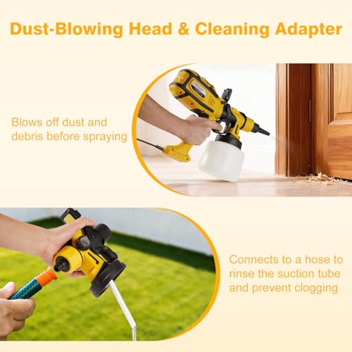 Image of Paint Sprayer, 1000W HVLP Spray Gun for Stain & Furniture, Yellow | 1400ML sprayer with 3 brass nozzles, 3 patterns, adjustable flow, dust blowing head and easy-clean adapter