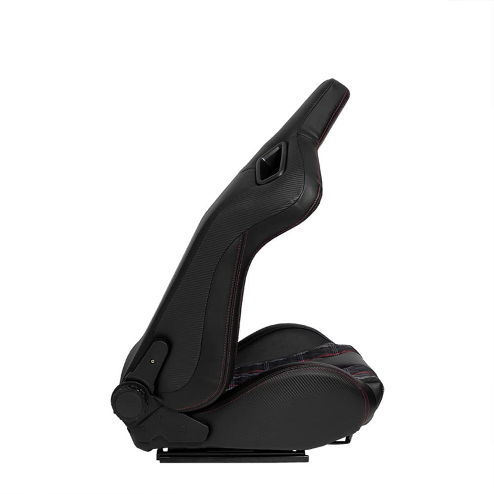 AutoStyle Siège baquet 'GT' - Simili Cuir Noir + Tissu en motif à carreaux Rouge + Surpiqûres Rouge - Dossier réglable - incl. glissières