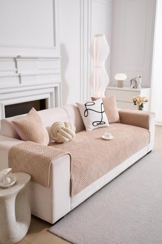 Image of HOMETHREADS Innovative Premium Velvet Sofa Cover Mat with PVC Backing for Non-Slip Comfort | (Beige Vrsh, 1 Seater | 70x70cm)