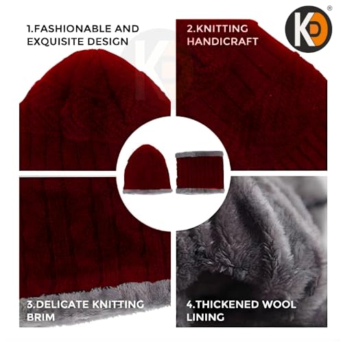 Image of K D Winter Wear 2-in-1 Woolen Beanie Cap & Muffler Set for Men & Women | Soft Thermal Wool | Fleece-Lined | Head & Neck Warmer | Unisex Winter Accessories (Cap /Muffler - Maroon Red)