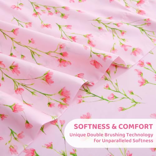 Image of Mooreeke Cozy Floral Microfiber Printed Queen Sheet Set - Soft & Breathable Pink Flowers Bed Sheets with Deep Pocket - Non-Slip Fitted Design - Pink Flowers with Green Branches Pattern - Queen