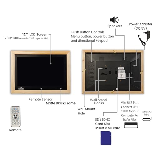 Image of Miracle Digital 12'' HDMI Wooden Hi-Def Digital Photo Frame Premium Mirror Finish,Remote SlideShow,Video Audio,Built in 8GB Memory & 2GB RAM (Light)