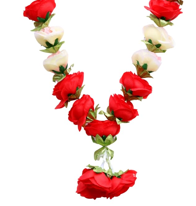 OSI ONESTOREINDIA Handcrafted Artificial Flower/Fabric Satin Ribbon Garland | for Photos, Deity/God Idols, Home &Temple Decoration.| Garland - 8 | (Red + White) 1