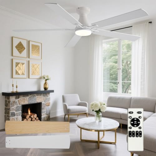 Image of Depuley Modern Ceiling Fan with Light: 60-Inch White Flush Mount Fandelier | Bedroom Indoor Outdoor Use, 5 Reversible Wood Blades, 6 Fan Speeds, Timing Function, Dimmable 3CCT, Remote Control Included