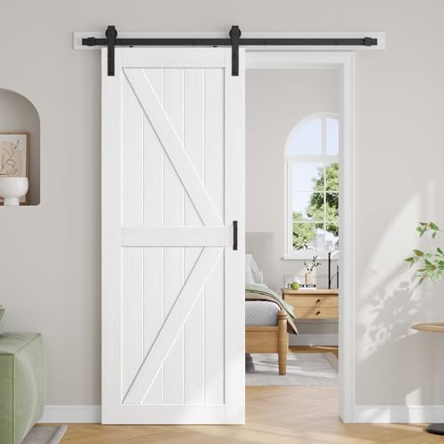 Image of FREDBECK 32X84 White Sliding Wood Barn Door with 5.5FT Hardware Kit K Shape